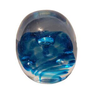 Lovely Art Glass Hand Blown Clear Glass w/Blue Paperweight 7.3 oz
